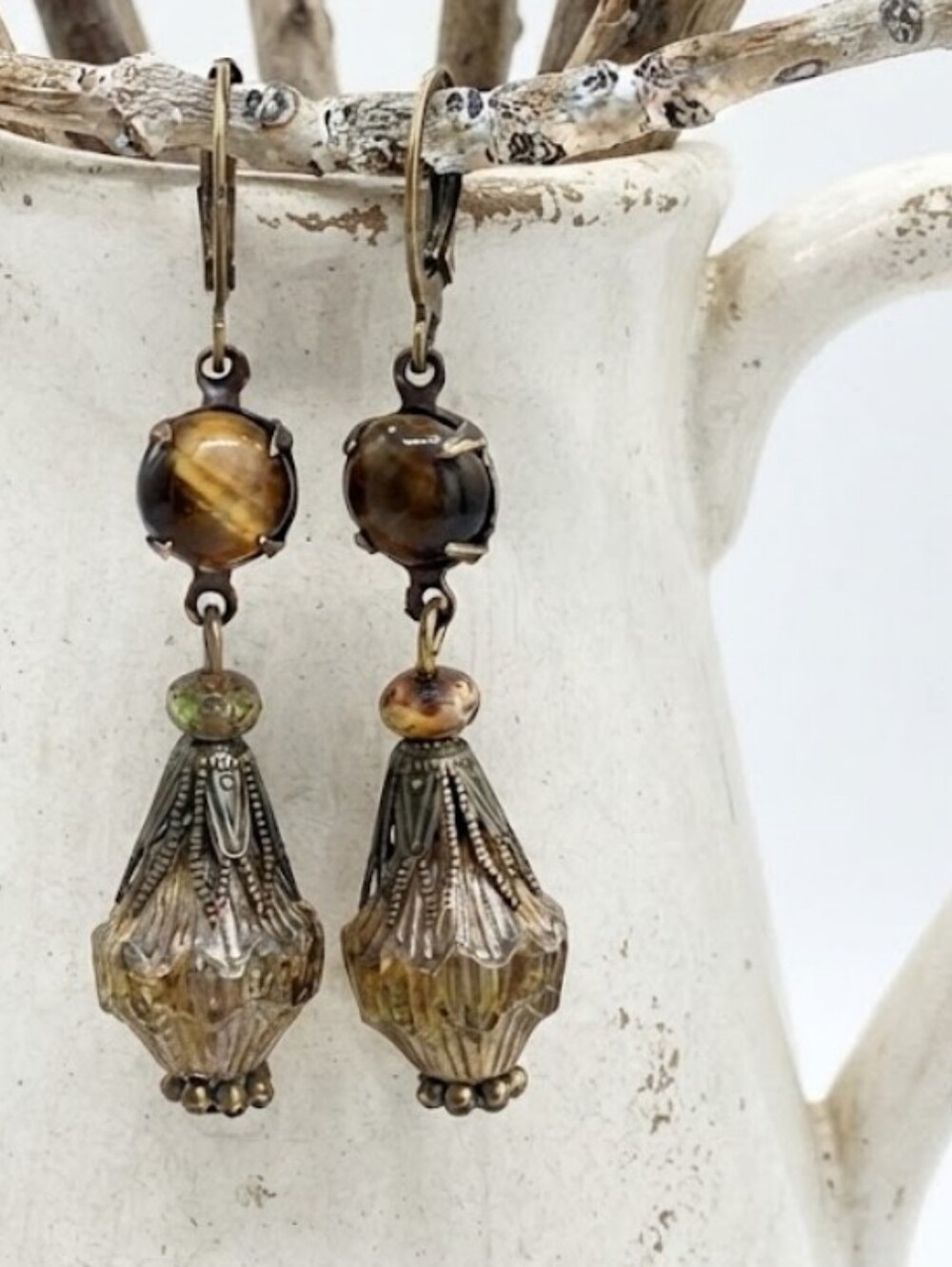 Victorian Tiger Eye & Rustic Glass In Brass Earrings